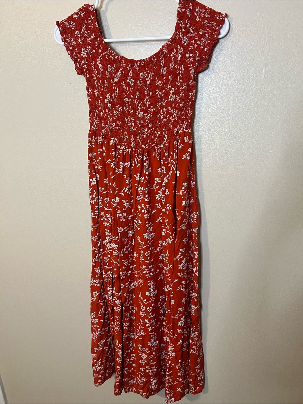 Red Floral Smocked Maxi Dress with Cap Sleeves